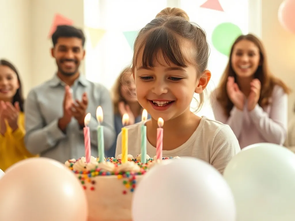 Radosna 12-latka zdmuchuje świeczki na kolorowym torcie, wśród balonów i uśmiechniętych przyjaciół na przyjęciu urodzinowym.