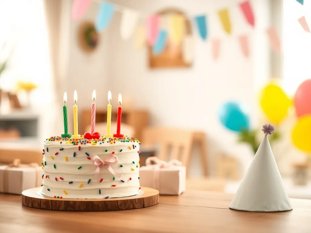 Kolorowy tort urodzinowy z sześcioma świeczkami, obok prezenty i czapeczka na tle pastelowych balonów i girland.