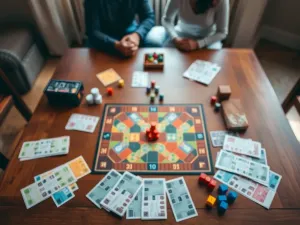 Rozłożona plansza Monopoly z banknotami, pionkami i kostkami, dwie osoby grają w tle w przytulnej atmosferze