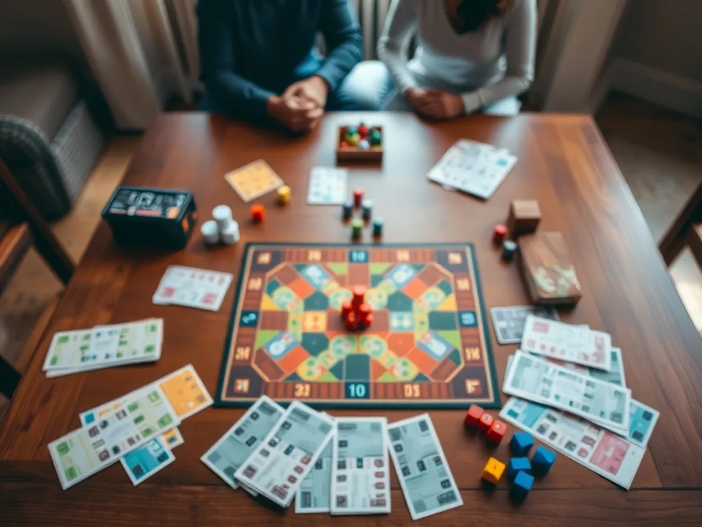 Rozłożona plansza Monopoly z banknotami, pionkami i kostkami, dwie osoby grają w tle w przytulnej atmosferze