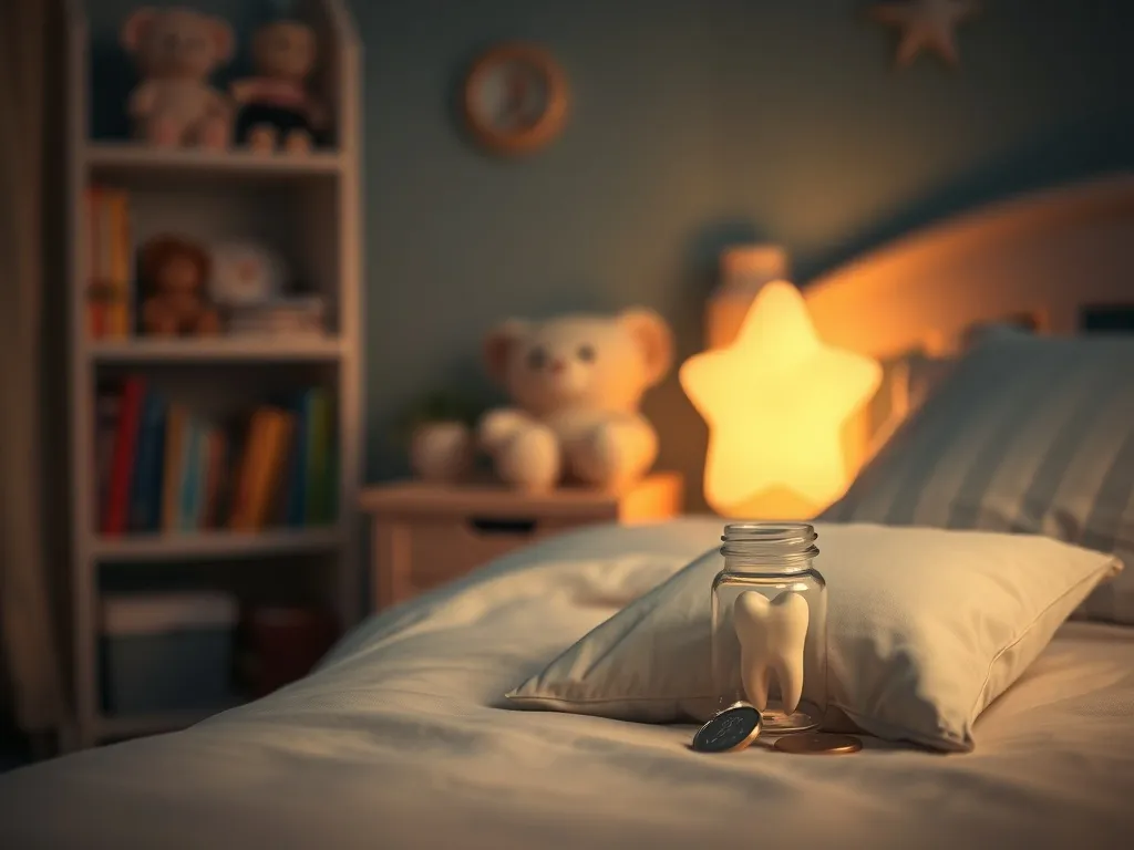 Poduszka z mlecznym zębem w słoiczku i monetą, w tle nocna lampka–gwiazdka, nawiązanie do wizyty wróżki zębuszki.