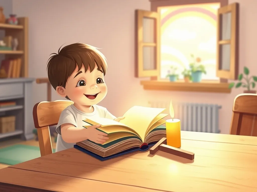 Uśmiechnięte dziecko czyta świecącą książkę o Bogu przy świecy i drewnianym krzyżu w jasnym, przytulnym pokoju.