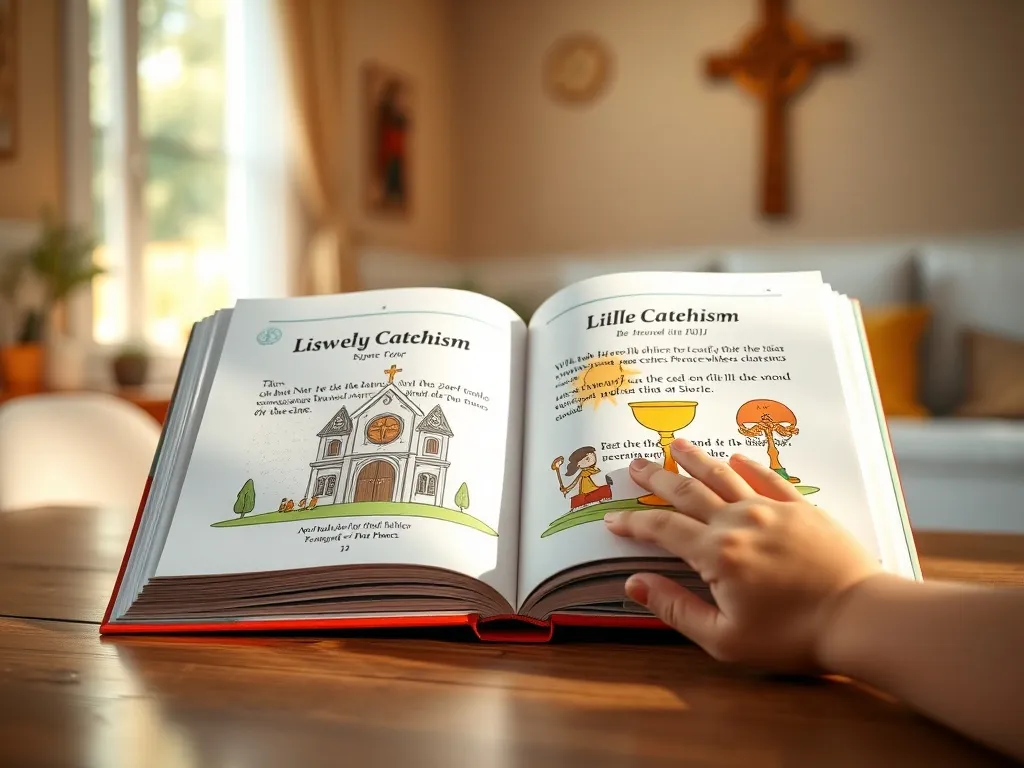 Dziecko dotyka otwartego katechizmu z kolorowymi obrazkami kościoła i kielicha, w ciepłym, jasnym pokoju z krzyżem w tle