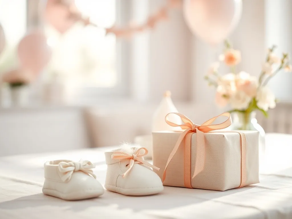 Pastelowy stół na baby shower z niemowlęcymi bucikami, pluszakiem i prezentem, w tle balony i delikatne kwiaty.