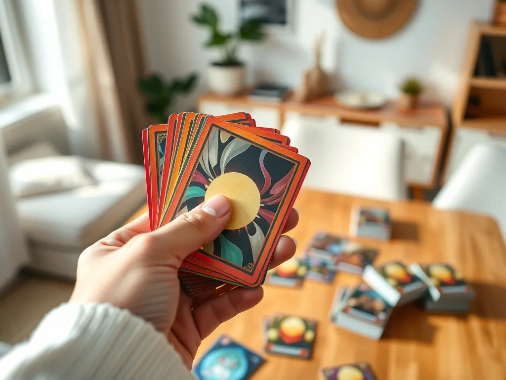 Dłoń trzyma kilka kolorowych kart Pokémon, wyraźnie widać holograficzną powierzchnię i ostre detale nadruku.
