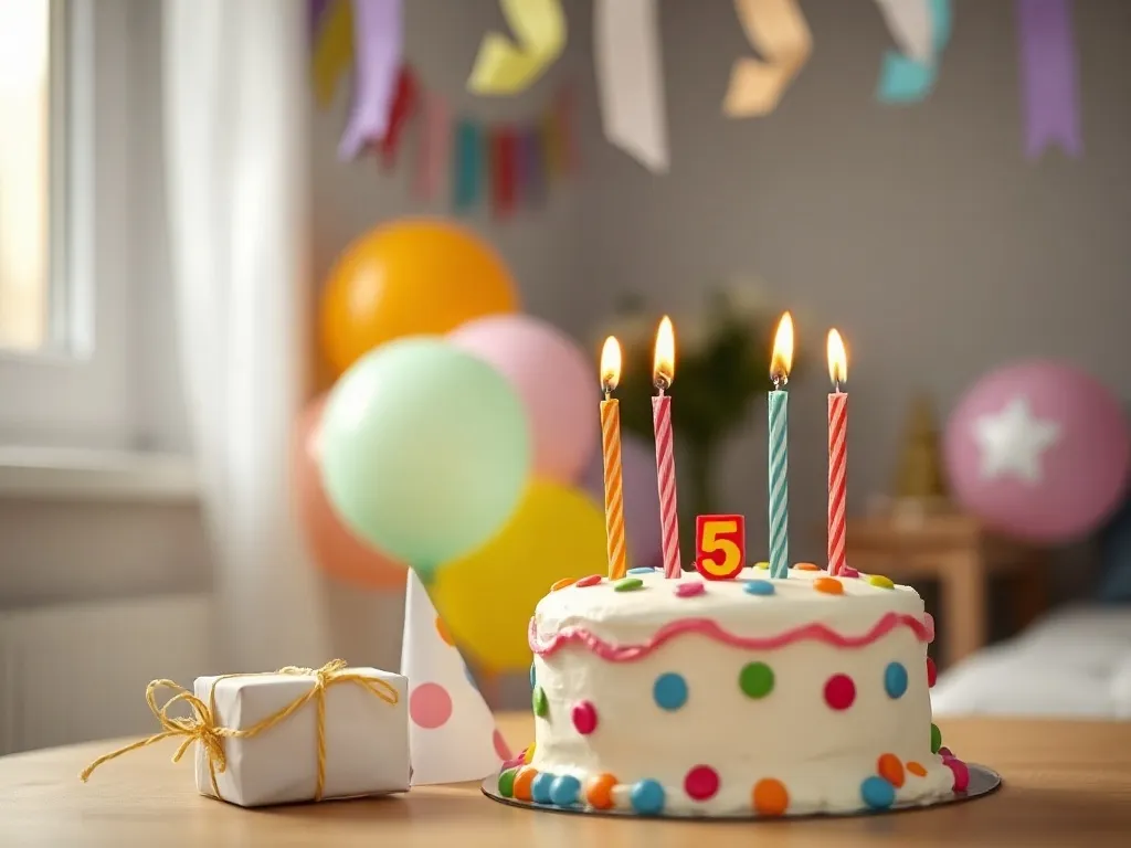 Kolorowy tort z pięcioma świeczkami, prezent i czapeczka na tle pastelowych balonów, tworzące radosną atmosferę 5. urodzin.