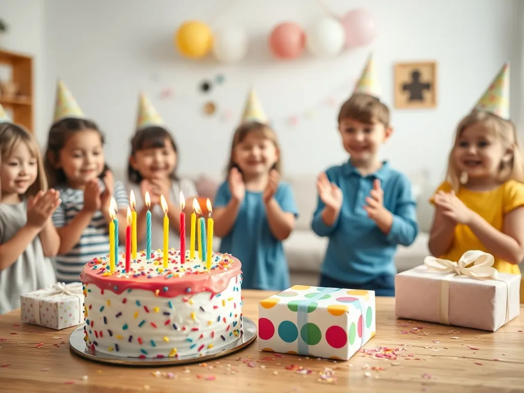 Dzieci w czapkach urodzinowych świętują 9. urodziny przy kolorowym torcie z dziewięcioma świeczkami i prezentami.