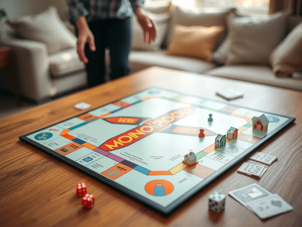 Kolorowa plansza Monopoly podczas rozgrywki w przytulnym salonie, pionki, karty i kostki ułożone w czytelny sposób