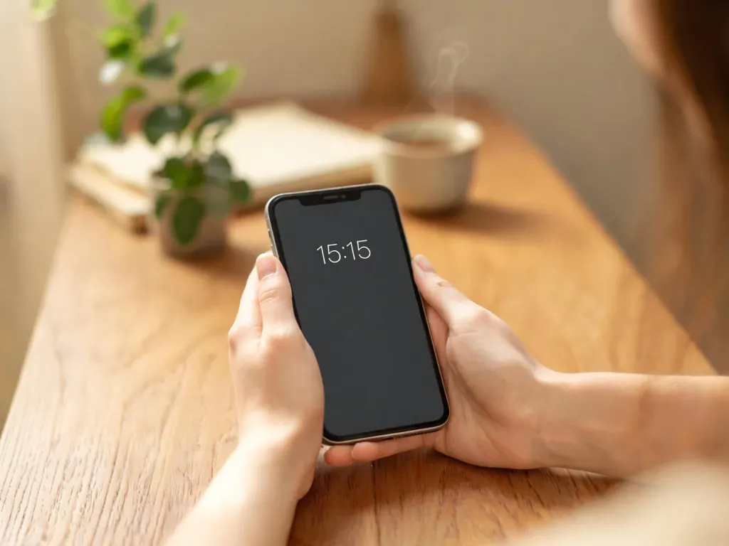 Młoda kobieta patrzy na telefon z godziną 15:15, siedząc w przytulnym wnętrzu i zastanawiając się nad znaczeniem tej liczby.