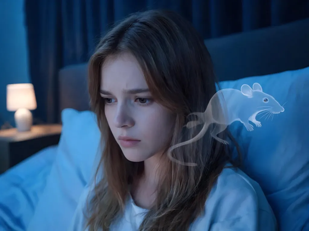 Zamyślona kobieta nocą w sypialni, obok niej subtelny zarys szczura jak obraz z niepokojącego snu.