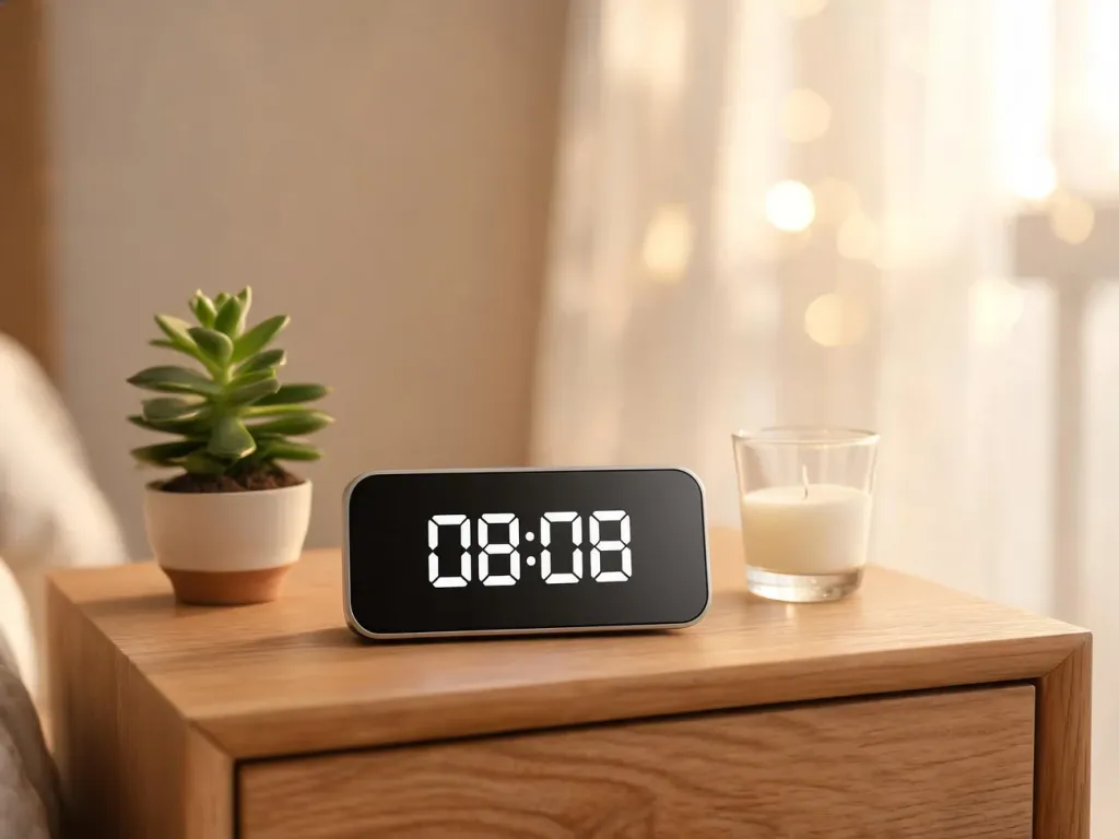 Nowoczesny budzik na stoliku nocnym pokazuje godzinę 08:08 w przytulnej, minimalistycznej sypialni o poranku.