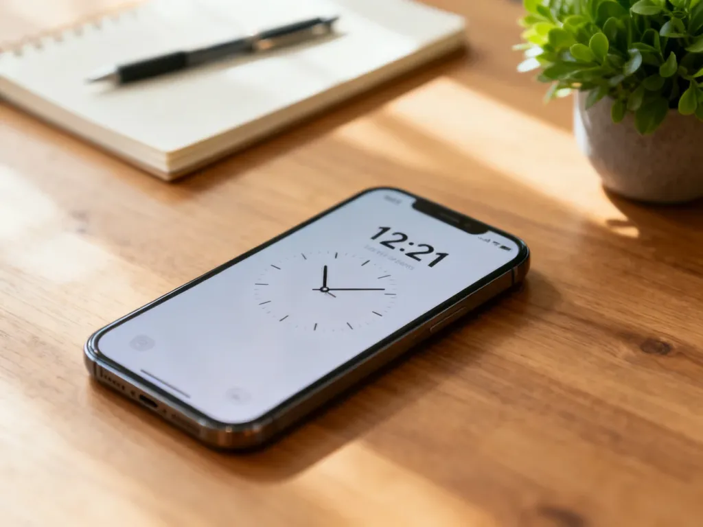 Smartfon na biurku pokazujący godzinę 12:21, obok notes i roślina, przytulna domowa atmosfera sprzyjająca refleksji.