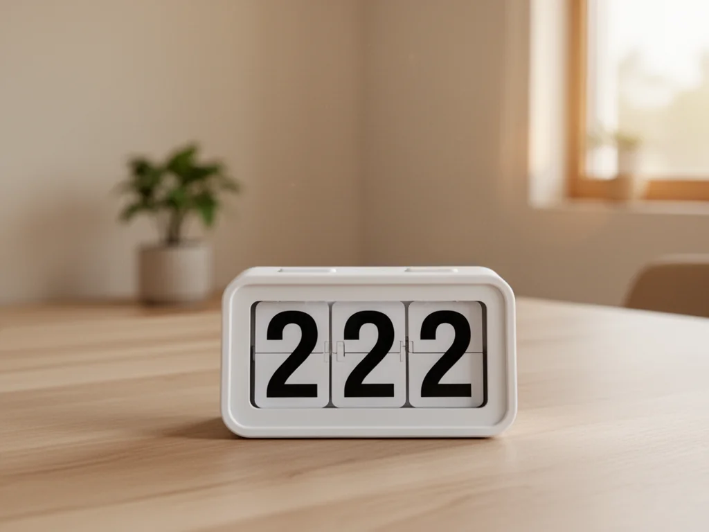 Minimalistyczny zegar z liczbą 222 na ekranie w jasnym, spokojnym wnętrzu, podkreślający duchowe znaczenie tej liczby.