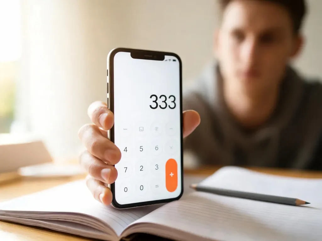 Smartfon z kalkulatorem pokazującym liczbę 333 na biurku obok zeszytu do angielskiego i ołówka, domowa nauka języka.