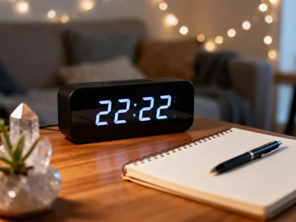 Cyfrowy zegar wskazujący 22:22 na biurku, obok notesu i kryształu, w nastrojowym, lekko magicznym oświetleniu