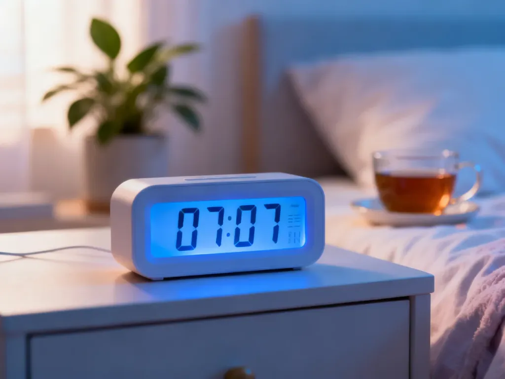 Cyfrowy budzik pokazujący godzinę 07:07 w przytulnej sypialni, nawiązanie do anielskiej godziny i spokojnego poranka
