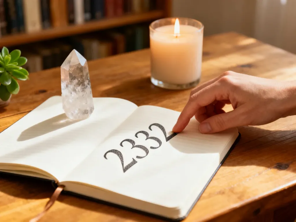 Dłoń kreśli liczbę 2332 w notesie obok kryształu i świecy, podkreślając jej mistyczne znaczenie w numerologii.