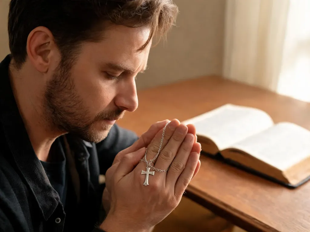 Zamyślony mężczyzna trzyma krzyżyk na szyi, obok leży otwarta Biblia, atmosfera spokojnej duchowej refleksji.