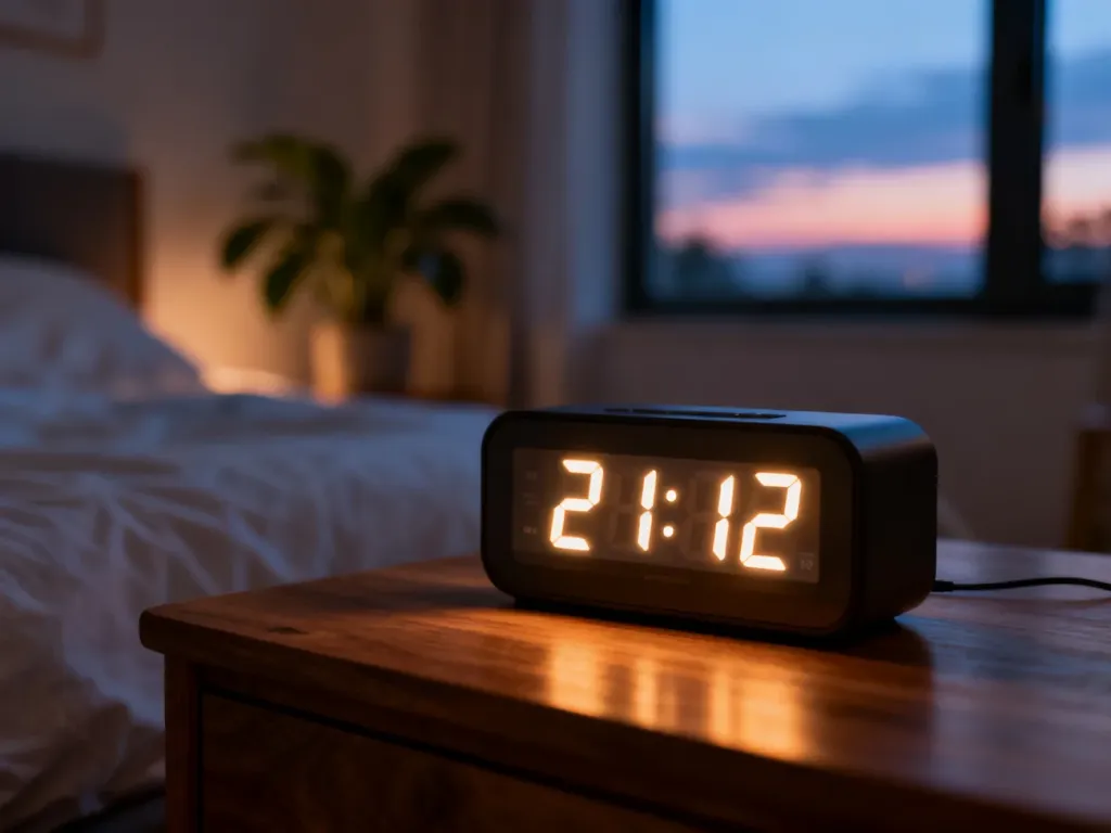 Cyfrowy budzik pokazujący godzinę 21:12 na stoliku nocnym, w ciepłym, wieczornym świetle przytulnej sypialni.