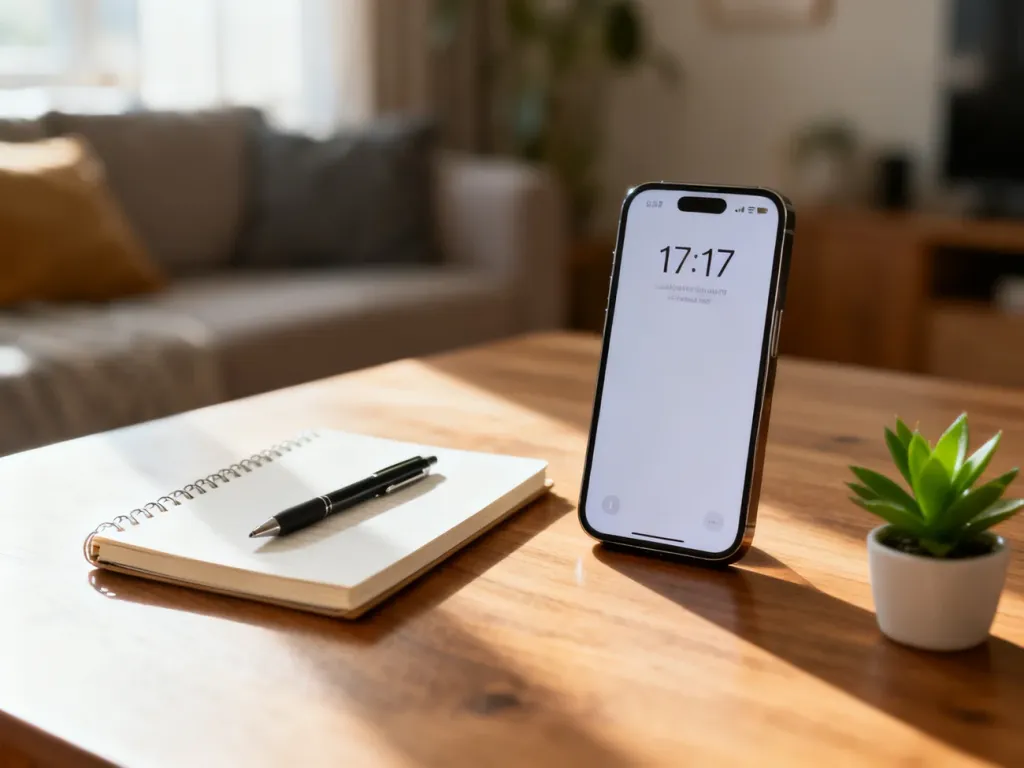 Smartfon na stole pokazujący godzinę 17:17 obok notesu i rośliny, w ciepłej, przytulnej domowej aranżacji