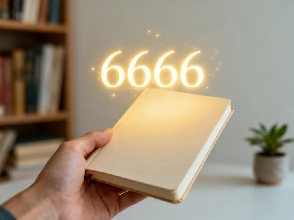Dłoń trzymająca notes, nad którym unosi się świetlisty numer 6666 w mistycznej, złotej poświacie, symbolika numerologiczna.