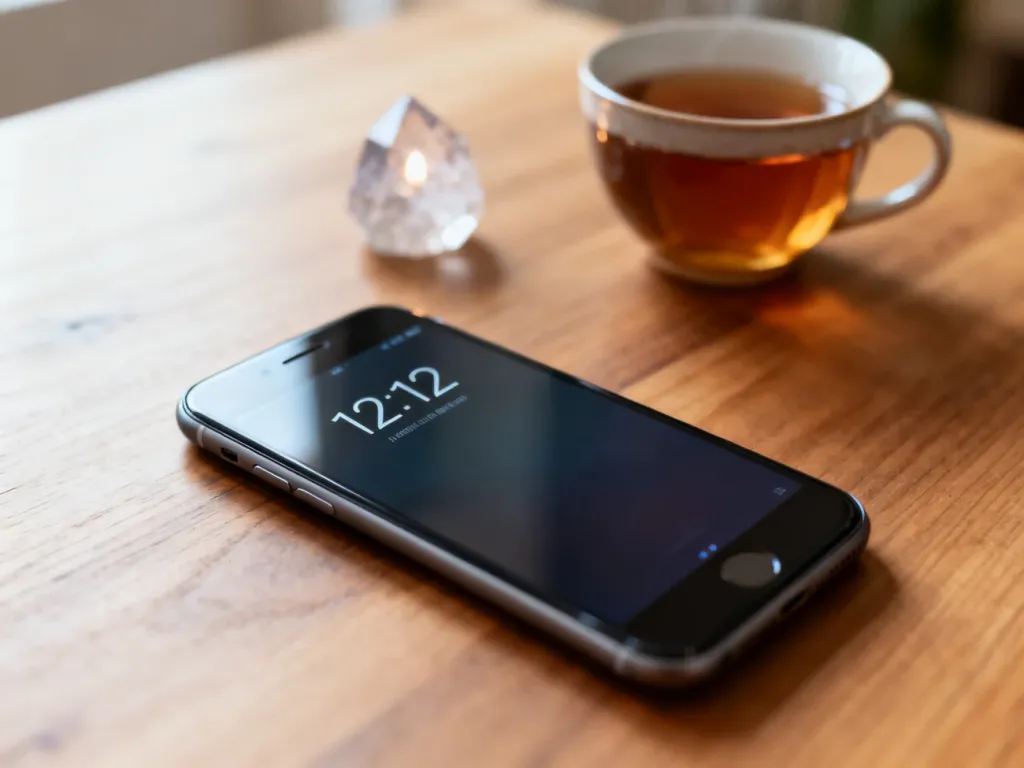 Smartfon z godziną 12:12 na ekranie, obok filiżanka herbaty i kryształ, tworzące spokojną, duchową atmosferę