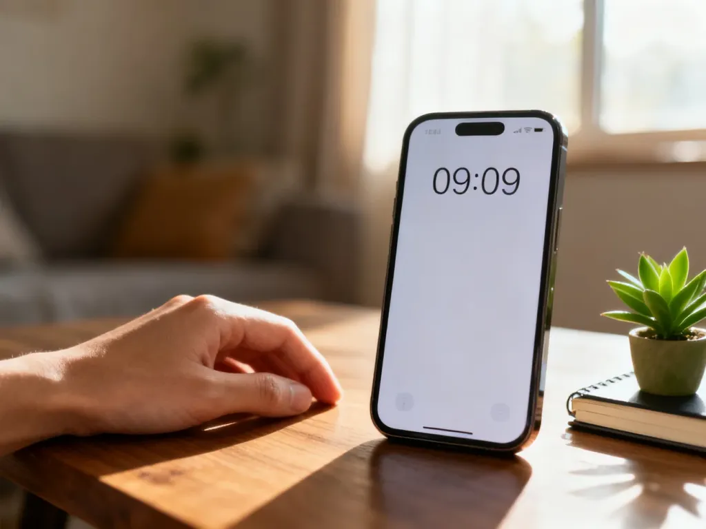 Smartfon na stole pokazujący godzinę 09:09, obok spokojnie spoczywająca dłoń, roślina i notes w przytulnym poranku