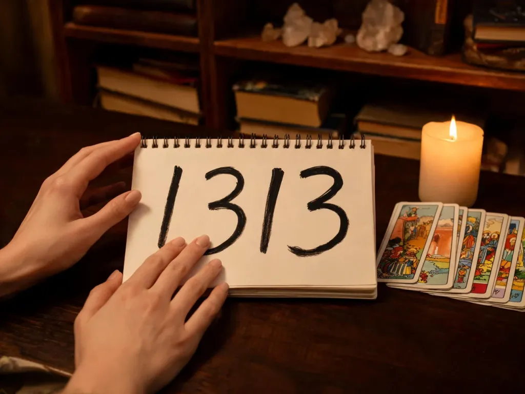 Notatnik z liczbą 1313 obok kart tarota i świecy, w mistycznym świetle, symbolizujący duchowe znaczenie liczby.