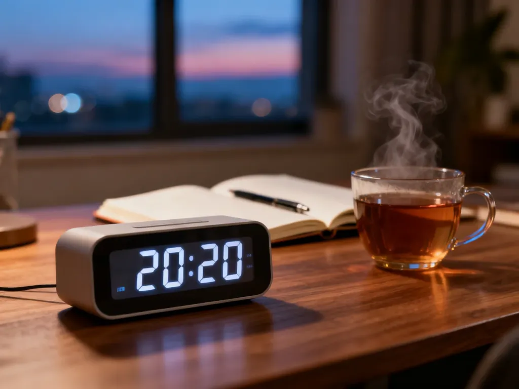 Zegar cyfrowy wskazujący godzinę 20:20 na biurku, obok kubek herbaty i notes, przytulna wieczorna atmosfera.