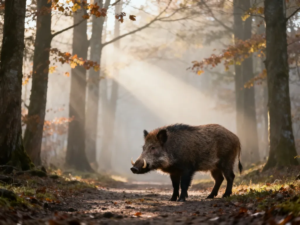 Spokojny dzik stojący na leśnej ścieżce o świcie, w delikatnej mgle, symbolizujący znaczenie snu o dziku.