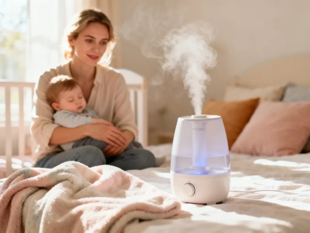 Mama przytula śpiące dziecko w przytulnym pokoju z nawilżaczem powietrza, tworząc atmosferę spokoju i troski.
