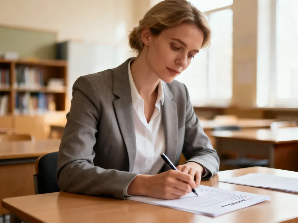 Specjalistka przy biurku wypełnia profesjonalną opinię o dziecku w jasnym, uporządkowanym gabinecie pedagogicznym.