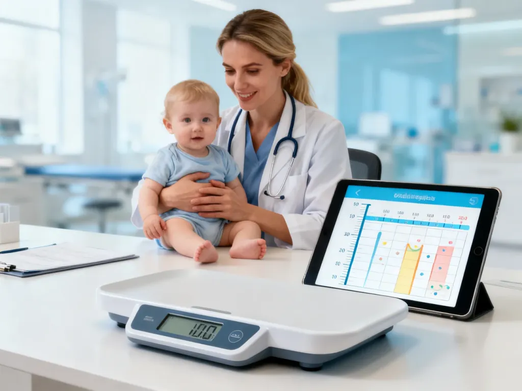 Matka z dzieckiem podczas wizyty u pediatry, obok waga elektroniczna i tablet z wykresem rozwoju dziecka.