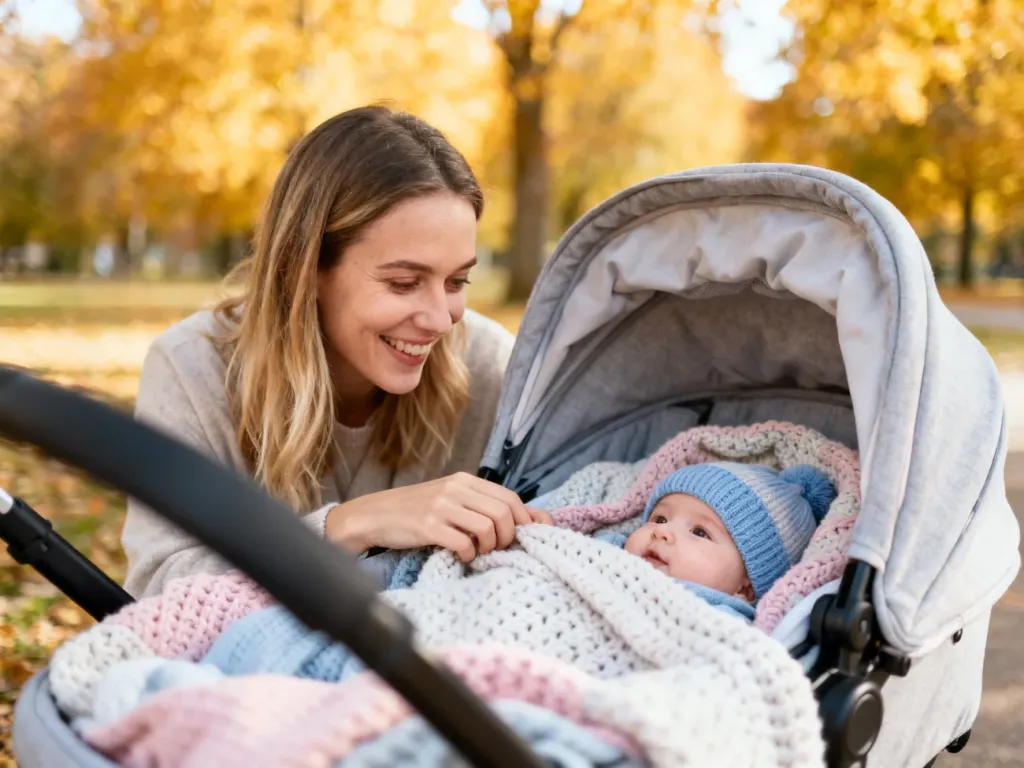 Uśmiechnięta mama otula niemowlę w wózku miękkim kocykiem podczas jesiennego spaceru w parku.