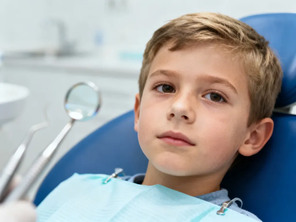 Spokojne dziecko siedzące na fotelu dentystycznym w nowoczesnym gabinecie stomatologicznym podczas wizyty kontrolnej.