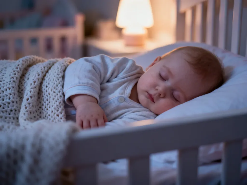 Spokojnie śpiące niemowlę w bawełnianej piżamce, przykryte lekkim, dzianinowym kocykiem w przytulnym pokoju dziecięcym.