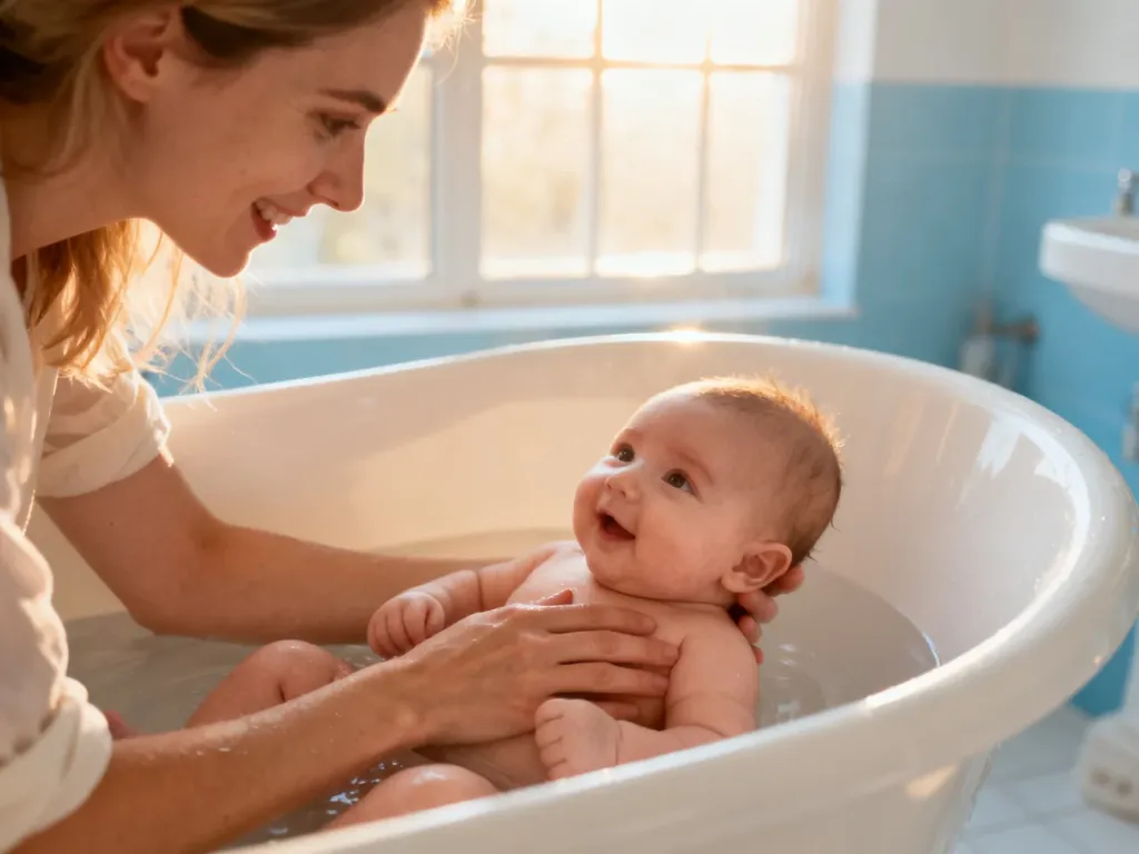 Mama delikatnie kąpie noworodka w białej wanience w przytulnej, jasnej łazience.