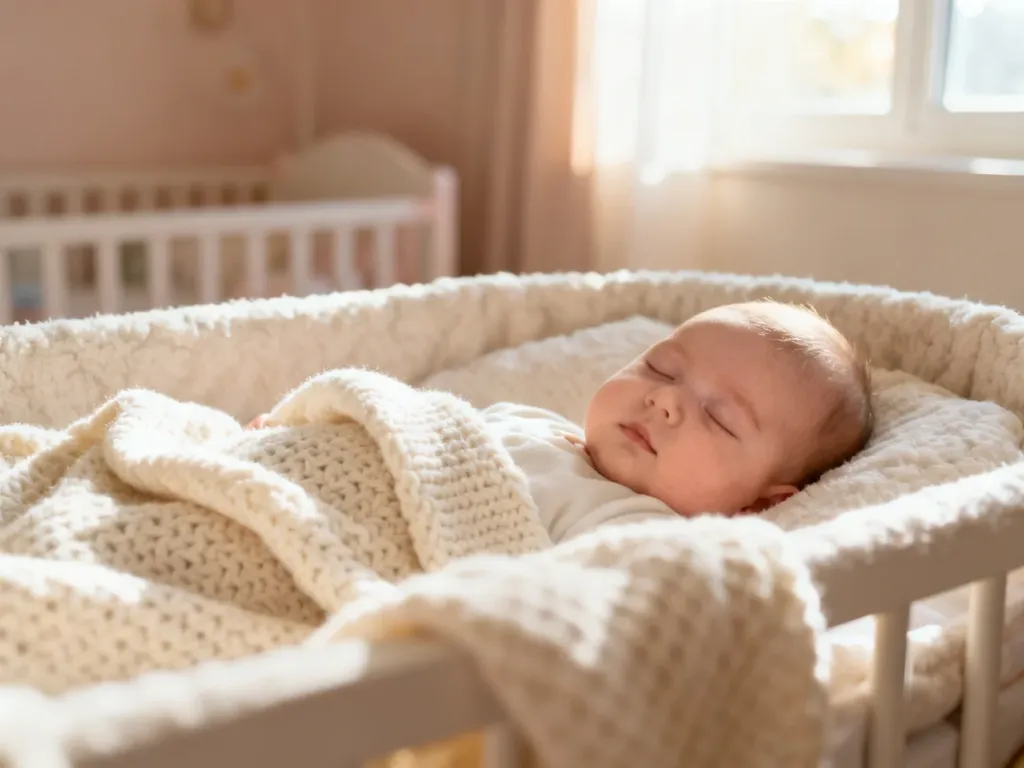 Trzymiesięczne niemowlę spokojnie śpiące w przytulnym łóżeczku w jasnym, nasłonecznionym pokoju.